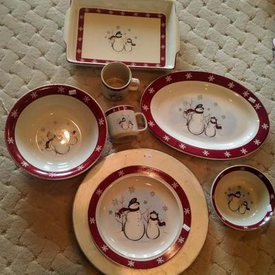 Silver charger $5, large Snowman dish $4, Snowman soup bowl $3, Snowman serving platter $8, Snowman cup $1, Snowman salad plate $4,...