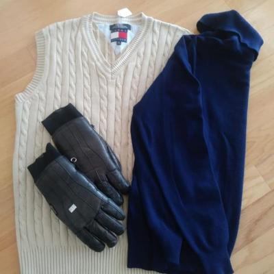 Tommy Hilfiger XL $10, Cashmere blue sweater $18, and Gloves $8.