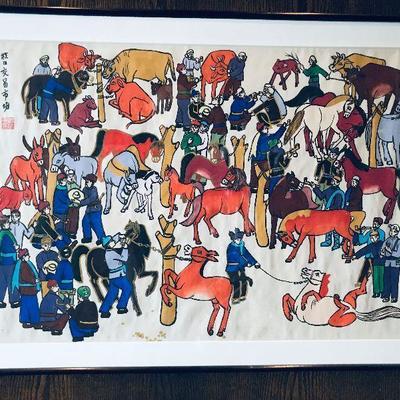 Original colorful water painting from Asia. Artist unknown. Horses being trained. $100