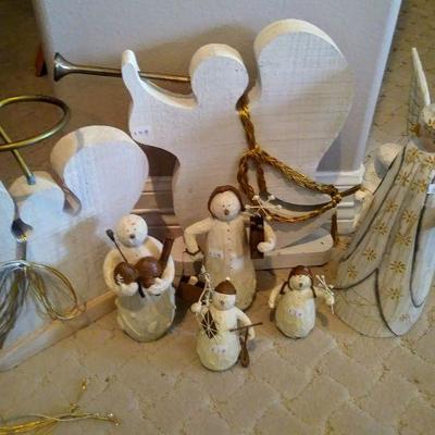 Wood angel with trumpet $15, wood angle with halo $10, wood carved and hand painted blonde angel $15, small wood snowman with balls $5,...
