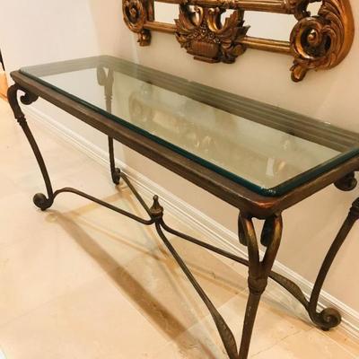 Glass and Wrought Iron Console Table.  27"H x 53"W x 19"D. $125