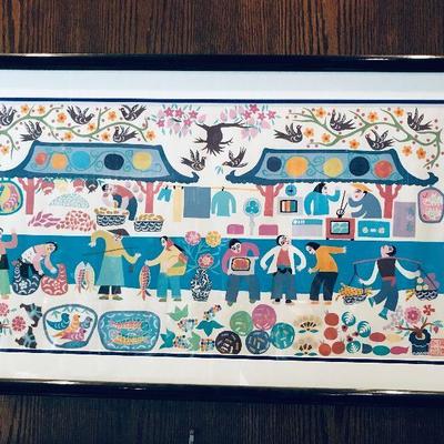 Original colorful acrylic painting from Asia. Artist unknown. A town scene. $100