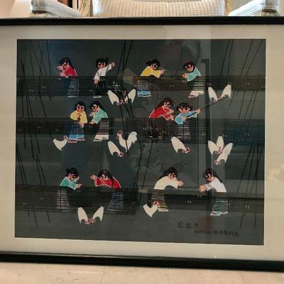 Original colorful watercolor painting from Asia. Artist unknown. Girls in a chicken coop. $100