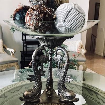 Three dolphin bronze stand with glass bowl.