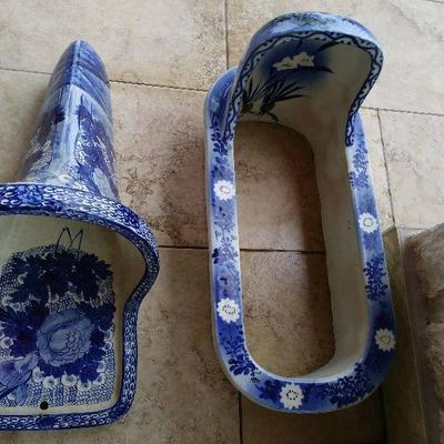 Antique Japanese porcelain blue and white urinals. Left @ $125 and right @ $150,