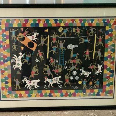 Original colorful acrylic painting from Asia. Artist unknown. Monkeys and goats in a circus! $100
