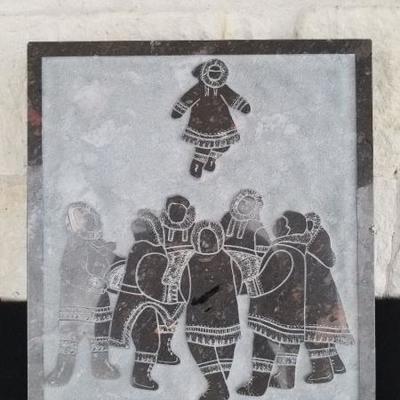 18" x 16" David Bernett marble sculpture. "Blanket Toss" $85