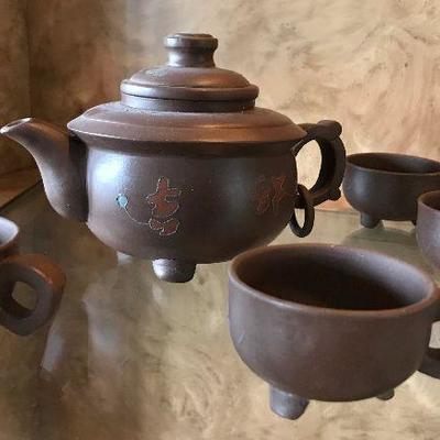 Yixing Chinese Clay Tripod Teapot with 4 Cups. $185