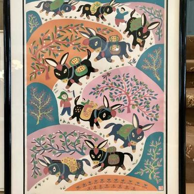 Original colorful acrylic painting from Asia. Artist unknown. Donkeys walking down hill country. $100