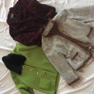 Green with fur collar XL @ $18. Red and black jacket size L @ $16. Dress up jacket size 14 @ $19