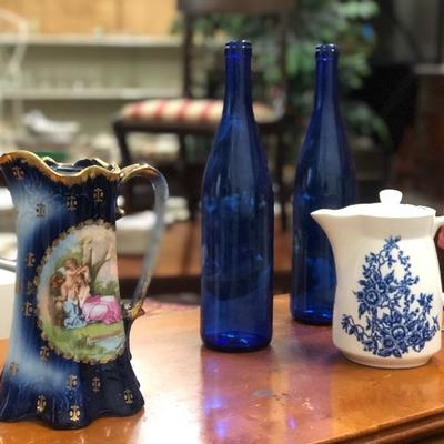 Blue Bottles, Pitcher Vase, & Teapot