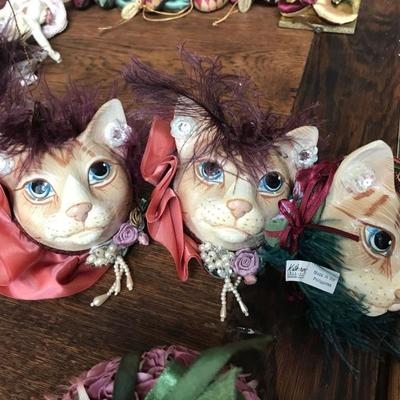 Katherine's Collection. Large feline head Christmas ornaments. Retired. $20 each.