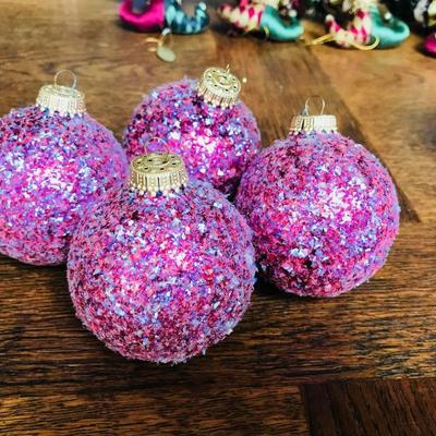 Sparkling glitter pink Christmas ornaments. $4 each.