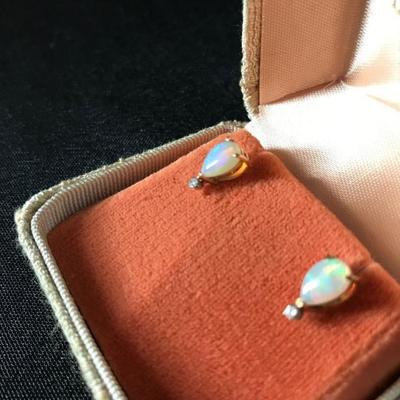 Vintage OPAL earrings with DIAMONDS, set in 14k gold. $124