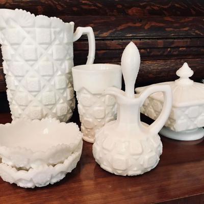 Westmoreland "Old Quilt" milk glass. 40 oz. pitcher @ $22. Cruet @ $12. Compote with lid @ $5. 11 oz tumbler @ $5 x 6. Small...