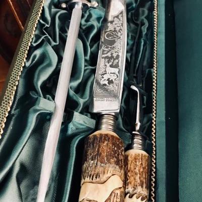 Vintage KARL KIMMEL 3-piece carving set. Carved stag antlers as handles and etched knife.