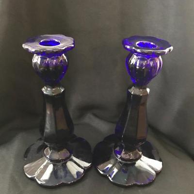 Vintage cobalt blue art deco. Scalloped top and bottom. Heavy.  8 inches. Asking: $20 each