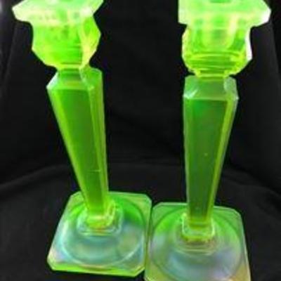 NORTHWOOD #651. VASELINE glass. 11 inches tall. Extremely rare. Asking: $150 each.