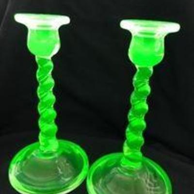 TIFFIN glass, twisted barley, #66, SATIN and VASELINE. Asking: TBD