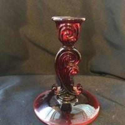 Fostoria #2535. Ruby red (rare color for this design). 1935-1944. Almost 6" tall. Asking: $30