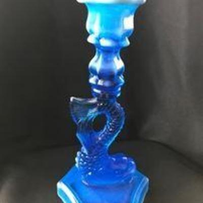 Antique BOSTON & SANDWICH blue dolphin opaque and transparent glass combination, on a hexagon base. 1800's.  Asking: $125