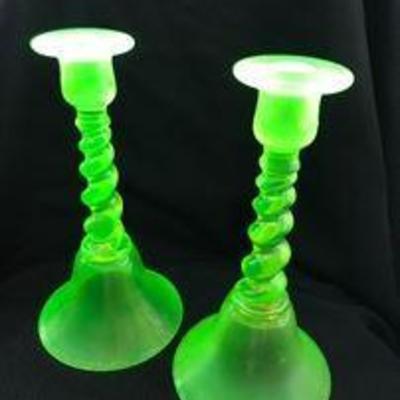 CAMBRIDGE glass candlestick. SATIN finish and VASELINE glass. "barley twist". Asking: TBD (black light added to take picture)