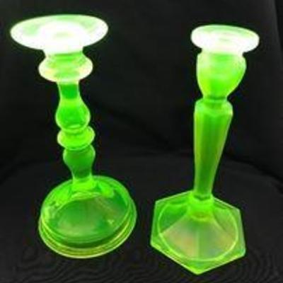 Left: TIFFIN glass #76, 1923-1935. VASELINE. Asking: TBD. Right: NORTHWOOD glass, CARNIVAL and VASELINE. 1916-1925. Asking: TBD (black...