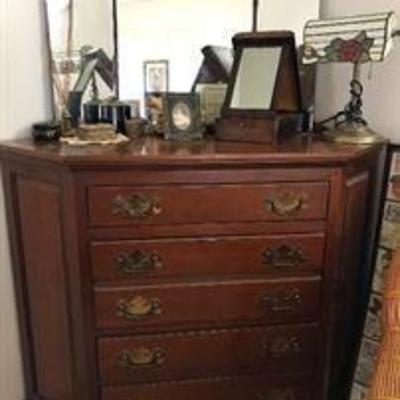 Vintage wood corner chest of drawers. $280  