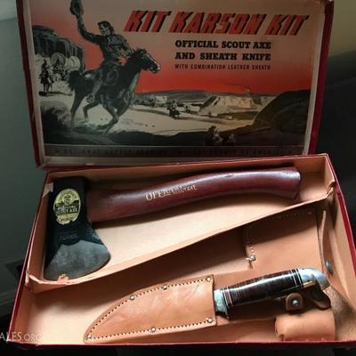 1954 Kit Karson's Kit of the official Boy Scouts of America axe and sheath knife. Valued at $200. Price at estate sale: $120
