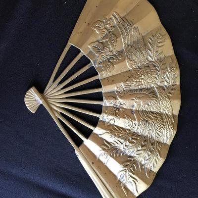 Vintage solid brass hand fan with embossed dragon
