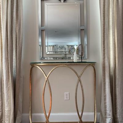 Antiqued Gold Glass Top Console Table, PAIR AVAIL