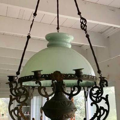 Antique hanging oil lamp $195