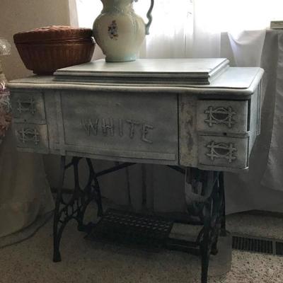 Antique White Sewing Machine and desk