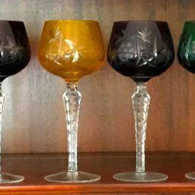8 Vintage Bohemian Czech Multi Color Cut-To-Clear Wine Hock Glasses Grapes & Flowers 