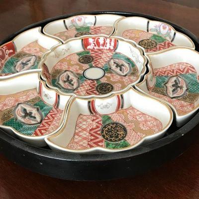 Japanese Sweetmeat Lazy Susan Black Enamel & Porcelain