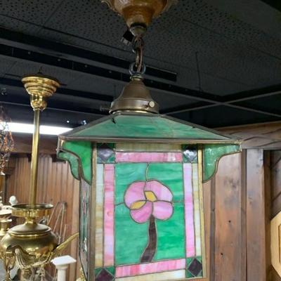 slag glass light fixture with a single bulb, pink and green--$400