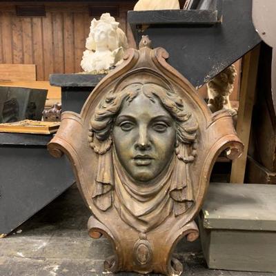 P33--lady in a cartouche, large architectural fragment, wood