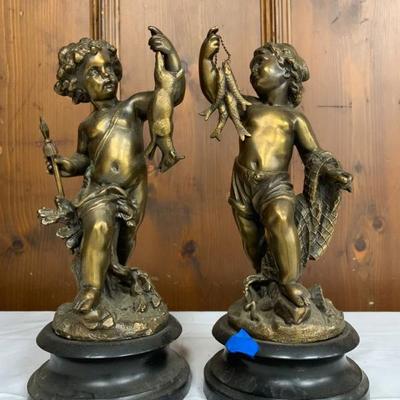 P0054--pair of bronze statues--boys hunting--$400