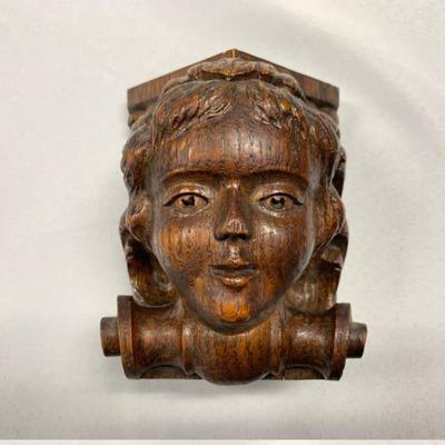 P13--small carved face, was part of a piece of furniture, prob 19th C, oak, looks English