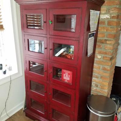 red painted kitchen, office, bathroom storage cabinet