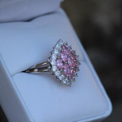 Sterling Elegant Pink Topaz Cluster Marquis Cut Ring