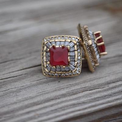 925 Sterling Silver 6.5CT Ruby & Topaz Earrings