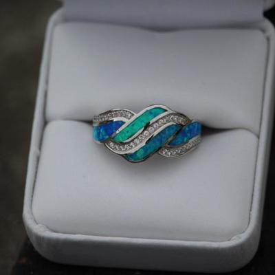 925 Sterling Silver Blue Opal & Diamond Ring