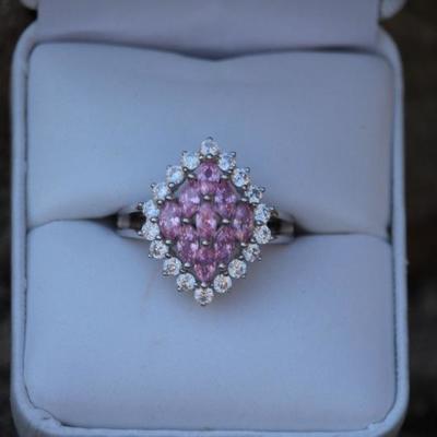 Sterling Elegant Pink Topaz Cluster Marquis Cut Ring