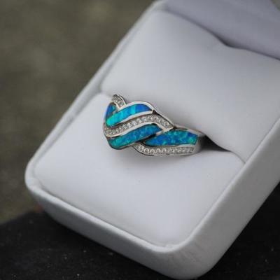 925 Sterling Silver Blue Opal & Diamond Ring