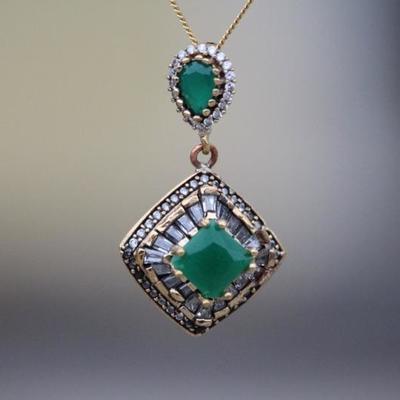 925 Sterling Silver 4.2CT Emerald & Topaz Pendant