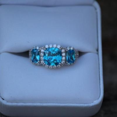 Sterling 3 Stone Blue Topaz Halo Ring 