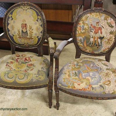  PAIR of ANTIQUE Needlepoint French Medallion Back Arm Chairs â€“ auction estimate $200-$400 