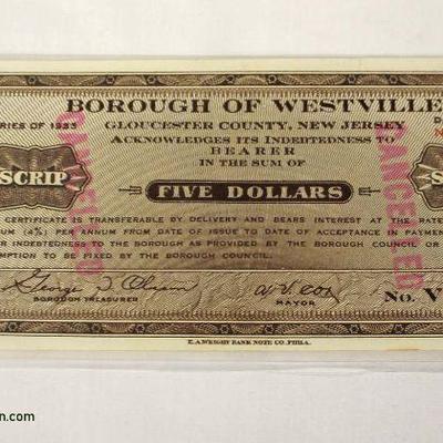  1933 Borough of Westville, New Jersey $5.00 Scrip – auction estimate $5-$10 