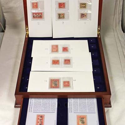  â€œThe First U.S. Commemorative Stamp Issueâ€ in Wooden Display Case with 12 Stamps â€“ auction estimate $50-$100 